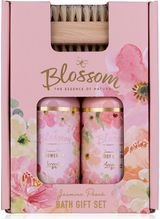 Vonios rinkinys BLOSSOM, įv. rūšys: dušo želė, kūno losjonas, nagų šepetėlis, kv apas: jazminų ir persikų.