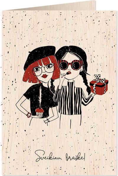 Dvi draugytės, medinis atvirukas