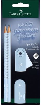 Rinkinys Faber-Castell SPARKLE: 2 pieštukai+trintukas+drožtukas, melsvos sp., bl