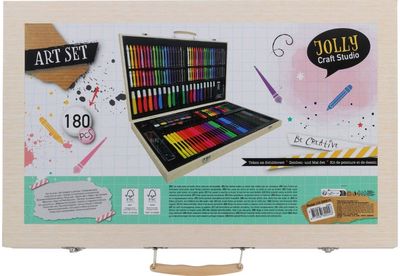 Dailės priemonių rinkinys piešimui ART&CRAFT, 180 vnt., medinėje dėž.