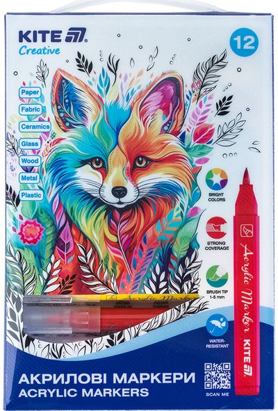Akriliniai teptukiniai žymekliai KITE Creative, 12 sp., dėžutėje