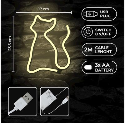 Dekoracija LED NEON Katė, šiltai balta, 5 V USB/3x AA