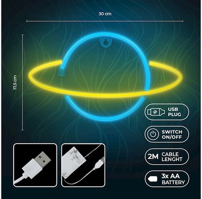 Dekoracija LED NEON Saturnas, geltona–mėlyna, 5 V USB/3x AA