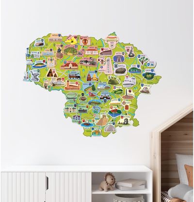 Lietuvos žemėlapis YES FOR SKILLS Pažink Lietuvą su daugkartinio naudojimo lipdu kais (miestų simboliais ir herbais)