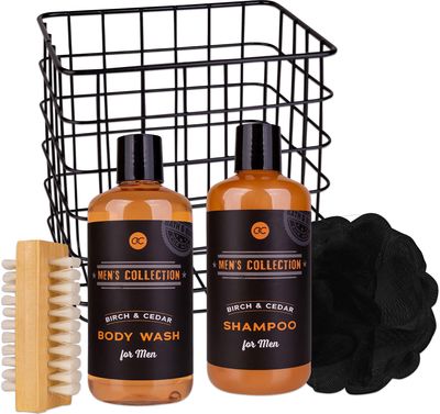 Dovanų rinkinys MEN'S COLLECTION metaliniame krepšelyje (kūno prausiklis+šampūna s+kempinė+nagų šepetys), 300ml + 300ml + 15g