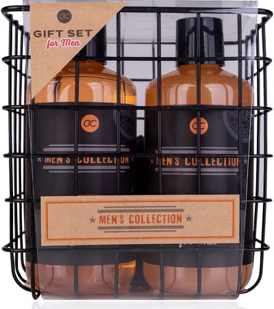 Dovanų rinkinys MEN'S COLLECTION metaliniame krepšelyje (kūno prausiklis+šampūna s+kempinė+nagų šepetys), 300ml + 300ml + 15g