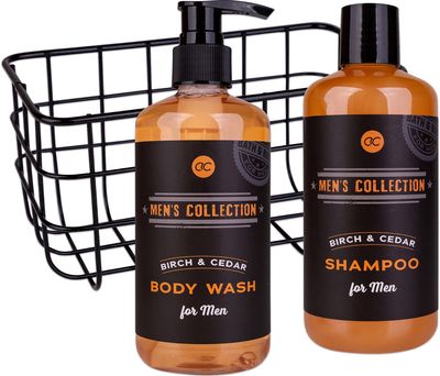 Dovanų rinkinys MEN'S COLLECTION metaliniame krepšelyje (kūno prausiklis+šampūna s), 300ml + 300ml