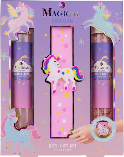 Vonios rinkinys MAGICAL UNICORN & MERMAID (vonios putos+vonios druska+apyrankė), įv.rūšys, 60ml+80g+1vnt
