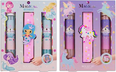 Vonios rinkinys MAGICAL UNICORN & MERMAID (vonios putos+vonios druska+apyrankė), įv.rūšys, 60ml+80g+1vnt