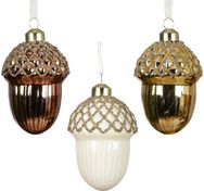 Kalėdinis burbulas Acorn, su aukso blizgučiais viršuje, stiklinis, 3 sp.