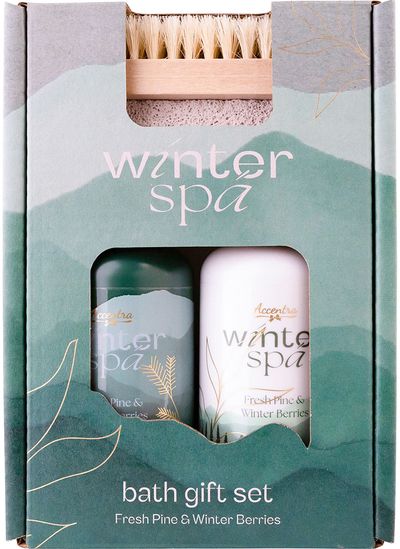 Vonios rinkinys WINTER SPA dovanų dėžutėje: dušo želė 100ml, kūno losjonas 100ml , nagų šepetėlis su medine rankena, kvapas: gaivi pušis ir žiemos uogos