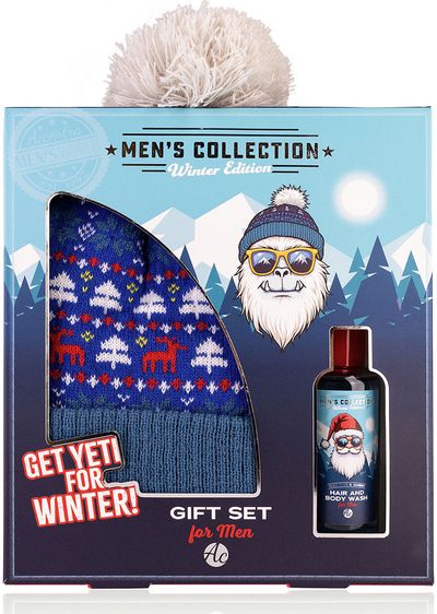 Dovanų rinkinys MEN'S COLLECTION: plaukų ir kūno prausiklis 100ml, megzta kepurė (universalus dydis), kvapas: pušis ir gintaras