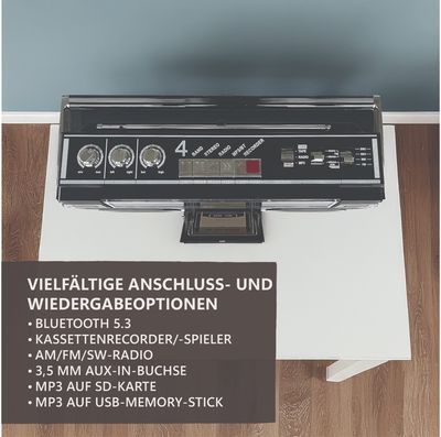 Radijas ir kasetinis grotuvas 1980 SILVA-SCHNEIDER AUX įėjimas, USB jungtis, „Bl uetooth“, įrašymas į USB