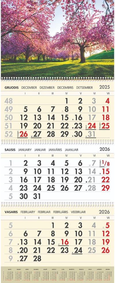 3-jų dalių sieninis kalendorius Sakuros 2026