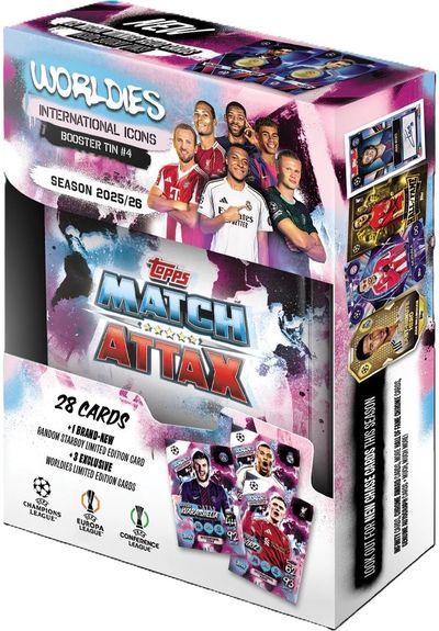 UEFA Champions League 2026 Match Attax kortelių papildymo rinkinys metalinėje dėžutėje, įv. rūšių