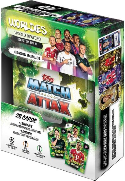 UEFA Champions League 2026 Match Attax kortelių papildymo rinkinys metalinėje dėžutėje, įv. rūšių