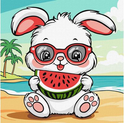 Tapyba pagal numerius IDEYKA Vasara. Triušiukas su arbūzu, 25 x 25 cm