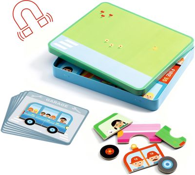 Lavinamasis žaislas DJECO Inzebox Mediniai magnetai ir metalinė dėžutė transport o priemonės