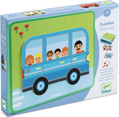 Lavinamasis žaislas DJECO Inzebox Mediniai magnetai ir metalinė dėžutė transport o priemonės