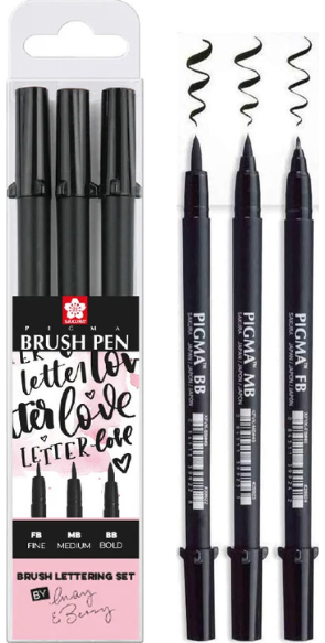 Teptukiniai rašikliai SAKURA Pigma Brush Pen, rašo juodai, 3 dydžių