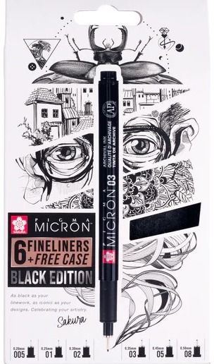Rašiklių rinkinys SAKURA Pigma Micron, + penalas, rašo juodai, 6 dydžių