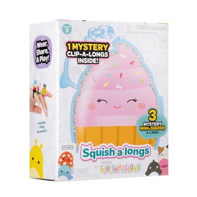 SQUISHMALLOWS CLIP-A-LONGS Herojai-siurprizai, 3 vnt., 2,5 cm