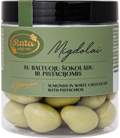 Migdolai su baltuoju šokoladu ir pistacijomis, 120 g