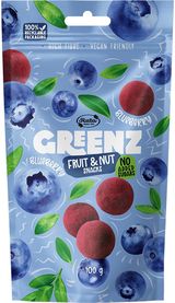 Vaisių ir riešutų užkandžiai GREENZ su mėlynėmis, 100 g