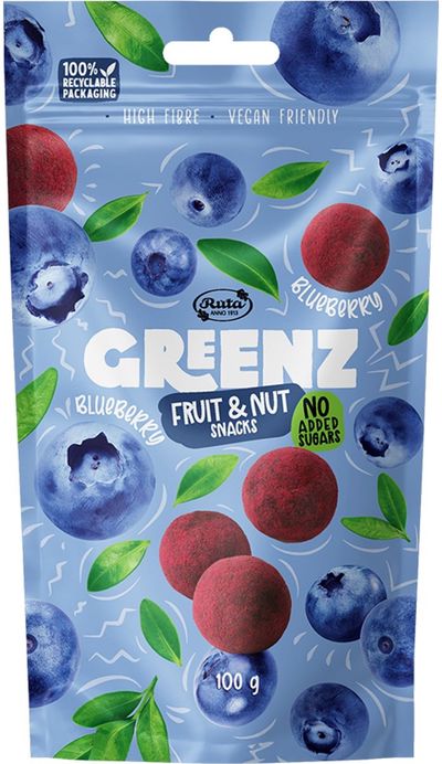 Vaisių ir riešutų užkandžiai GREENZ su mėlynėmis, 100 g