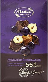 Juodasis šokoladas (55 %) su juodaisiais serbentais ir lazdyno riešutais, 90 g