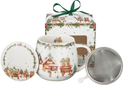 Statinės formos puodelis su arbatos sieteliu Christmas Village, dėžutėje su kasp
