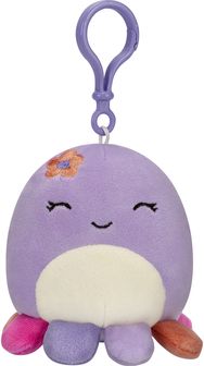 Pliušinis žaislas SQUISMALLOWS su pakabuku Beula - Purple Octopus W/Multicolored Tentacles and Flower 8cm., W18