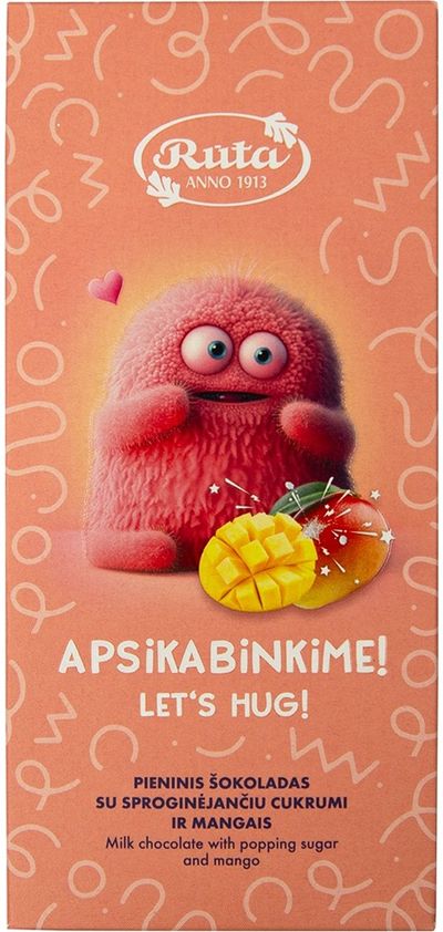 Pieninis šokoladas su sproginėjančiu cukrumi ir mangais "Bumciai". APSIKABINKIME !, 70 g