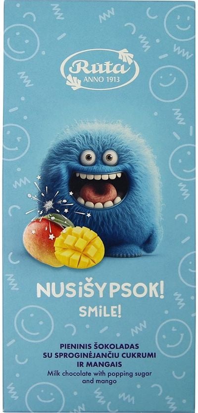 Pieninis šokoladas su sproginėjančiu cukrumi ir mangais "Bumciai". NUSIŠYPSOK!, 70 g