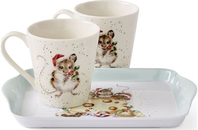 Wrendale kaulinio porceliano puodelių ir padėklo rinkinys Holly Jolly Christmas