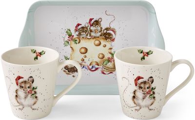 Wrendale kaulinio porceliano puodelių ir padėklo rinkinys Holly Jolly Christmas